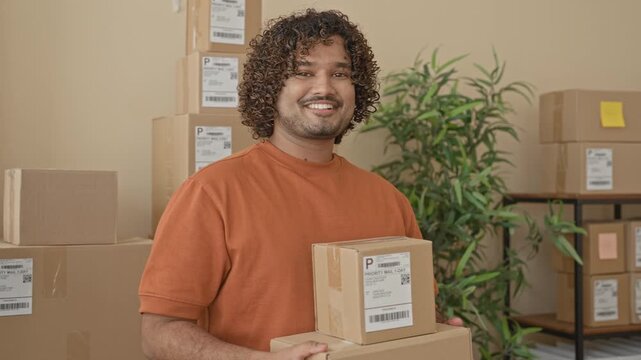 Man holds two cardboard packages with hands, smiling and showing shipping label on the top box in a building parcel area with stacked boxes and shelf behind; small business pride.