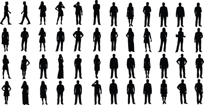 Human silhouettes vector set. Diverse people standing and walking poses. Male and female black figures collection for crowd, social, and urban design use.