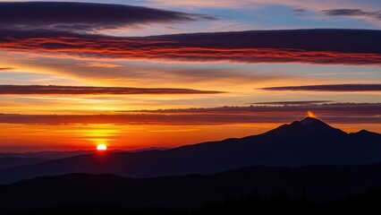 Fototapeta premium Vibrant sunset over mountain range with silhouetted peaks and colorful sky