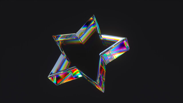 3D render of crystal star with chromatic aberration and rainbow light refraction. Abstract iridescent glass star isolated on dark background. Premium holographic geometric design element.