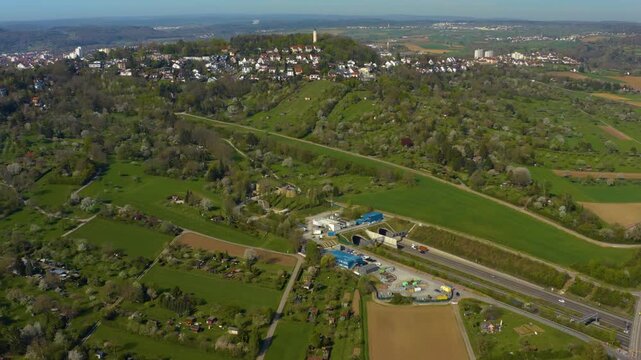 Aerial panorama view beside the old town in the city of Leonberg in Germany, Baden-W&uuml;rettmberg on a sunny spring day