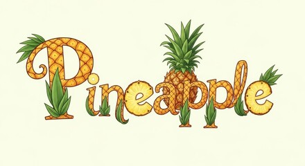Fototapeta premium A stylized illustration of the word 'Pineapple' with pineapples and leaves replacing letters on a pale yellow background