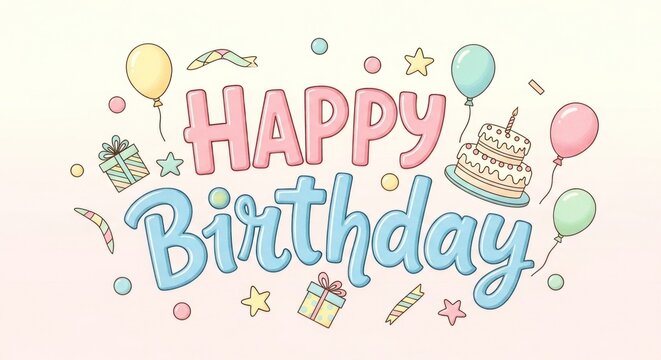 A colorful digital illustration celebrating a birthday with balloons, gifts, and cake