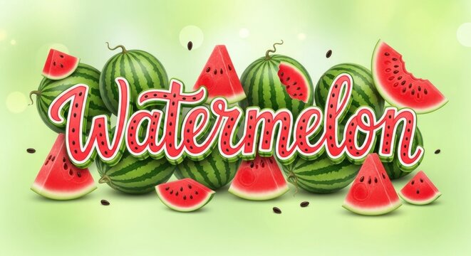A vibrant graphic illustration of whole and sliced watermelons with the word 'Watermelon' written in a stylized red font outlined in white, set against a bright green background with white dots