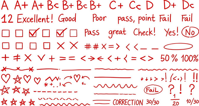 Hand-drawn education marks vector set. School grades, feedback symbols, checkmarks, arrows, correction lines, stars, and hearts for teacher assessment and student evaluation, isolated on transparent.