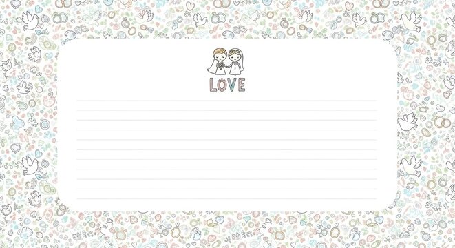 A white notepad with pale lines and a 'LOVE' heading featuring two cartoon doves, surrounded by a colorful heart-patterned border