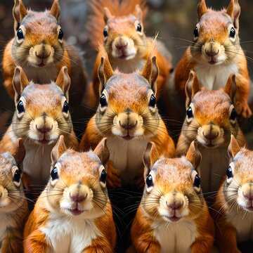 A collage of multiple orange squirrels with white chests