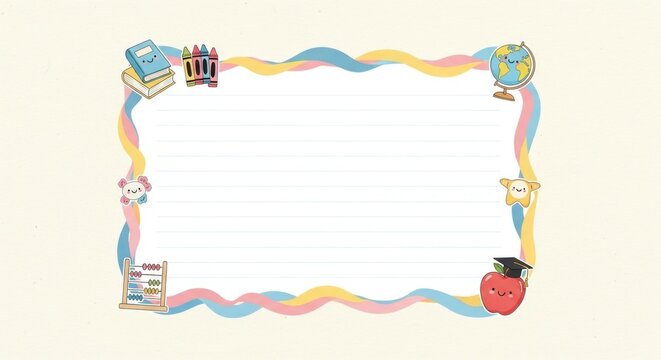 A colorful educational border with wavy lines and school supplies on a white background