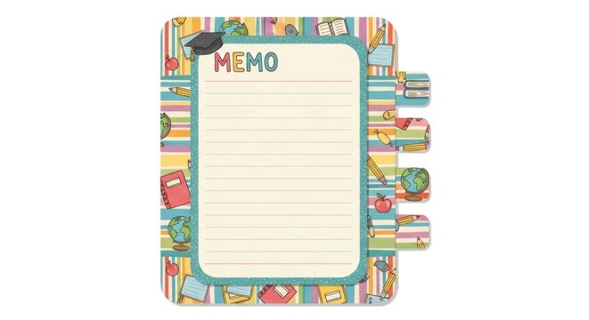A colorful notepad with a 'MEMO' heading and lined paper, surrounded by a border of various icons and ring binding on the right
