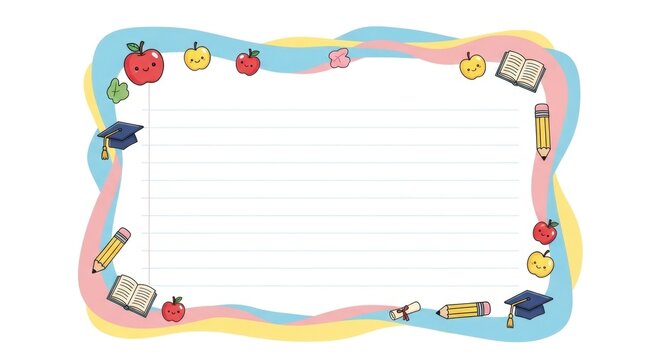 A colorful educational border frame with school supplies and fruits on a white background