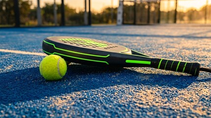 Obraz premium Sleek carbon fiber padel racket with neon green accents and bright yellow tennis ball on vibrant blue outdoor court during golden hour.