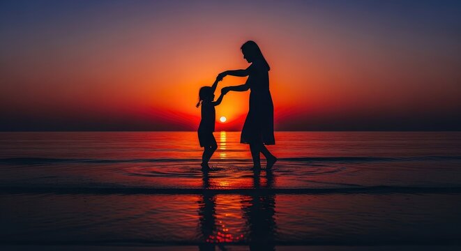 Silhouette of mother and child dancing on beach at sunset mother's day background wallpaper poster banner download 2026 2027