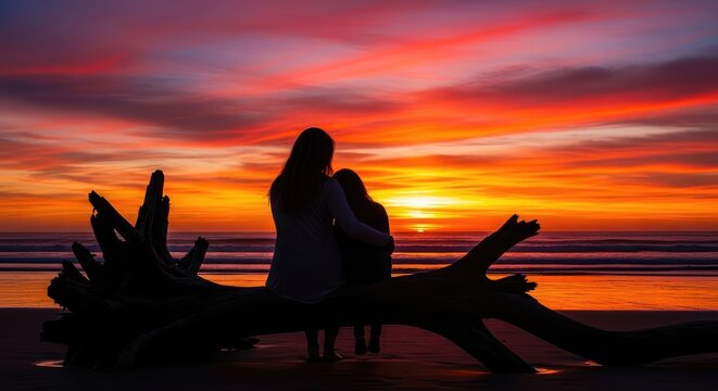 Silhouette of mother and child on beach at sunset with driftwood mother's day background wallpaper poster banner download 2026 2027