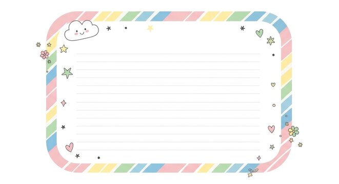 A colorful, rounded rectangle frame with a smiling cloud and pastel rainbow border, adorned with small stars, hearts, and flowers, surrounding a lined note area