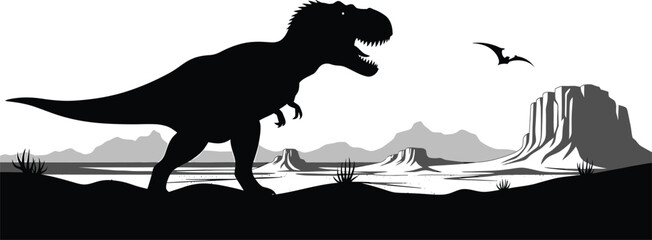 Tyrannosaurus Rex Walking on Mountain Landscape with Pterodactyls © yasirlatif