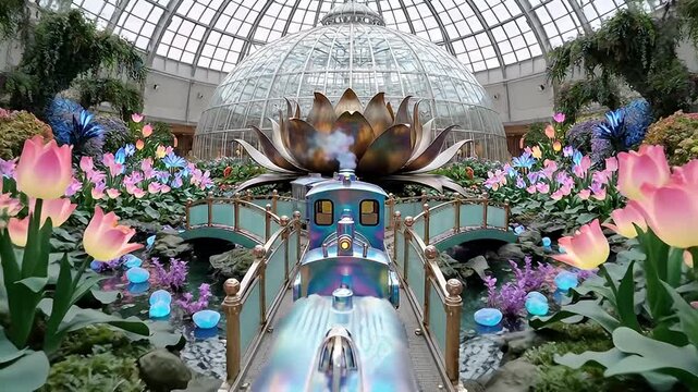 Magical Train Ride Through A Fantasy Garden With Glowing Tulips
