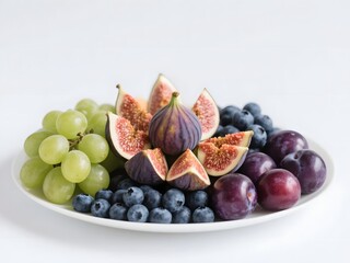 Fototapeta premium Fig and Grape Purple Vegan Fruit Platter: Top view of a fruit platter featuring fresh figs, grapes, blueberries, and purple plums, neatly arranged on a white background, fresh and clean composition