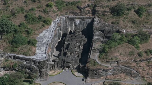 Aerial Drone View of Ellora Caves Kailasa Temple, Maharashtra, India