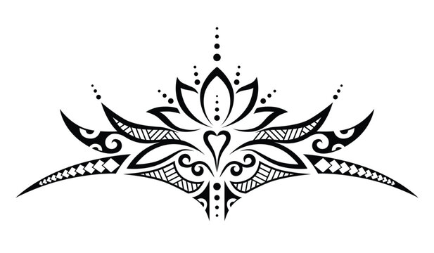 Bold tribal lotus tattoo design inspired by Polynesian and Maori art traditions. Strong symmetrical composition with sharp ornamental elements, perfect for tattoo flash, body art, stencil design and i