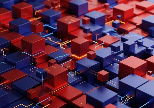 Abstract Geometric Cubes in Red and Blue with Electrical Lines.