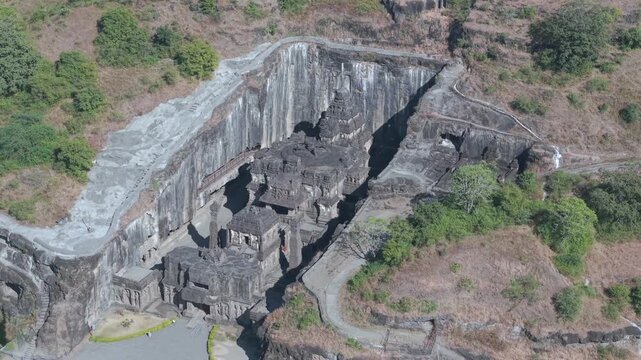 Aerial Drone View of Ellora Caves Kailasa Temple, Maharashtra, India