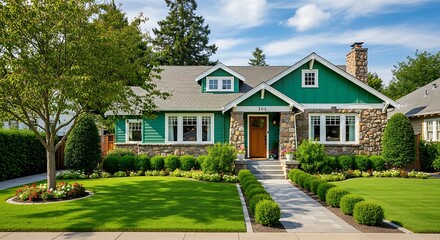 Fototapeta premium Spacious singlestory green and stone suburban house with manicured front lawn and garden