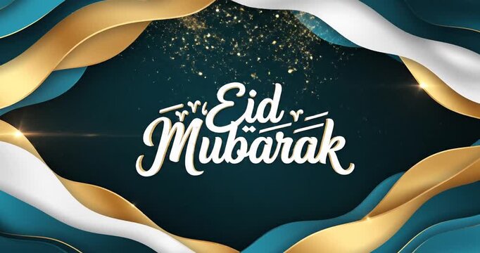 Elegant Eid Mubarak Greeting Card with Colorful Waves and Sparkling Background