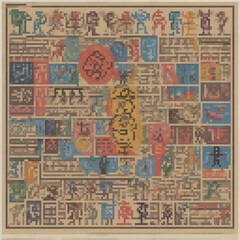 Fototapeta premium The image is a pixel art with various symbols, some of which are unique.