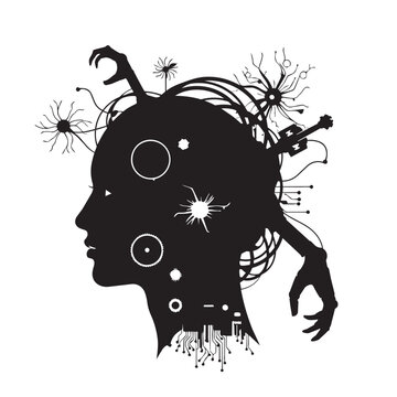 Abstract silhouette of female head with electronic elements, representing artificial intelligence, mental health or stress concept.
