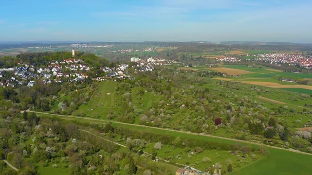 Aerial view of the old town city Leonberg in Germany on a sunny spring day