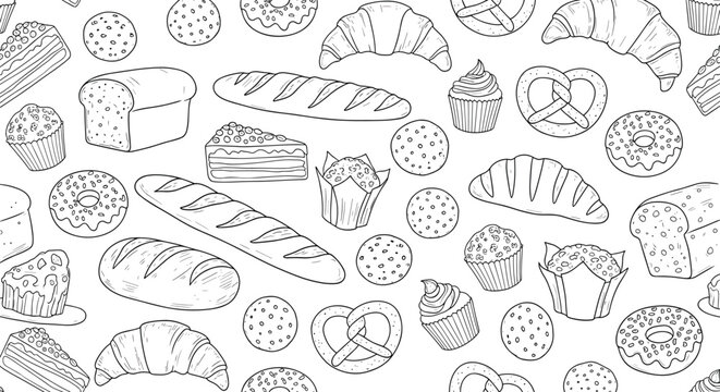 Bakery seamless pattern vector with bread croissant donut cupcake and pastry hand drawn doodle background design