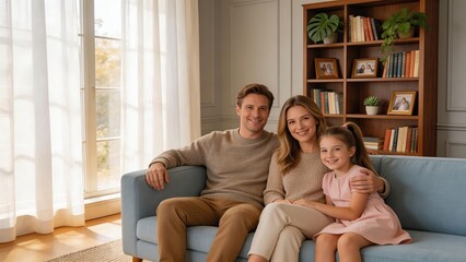 Obraz premium Happy family of three sitting on blue sofa in cozy living room with bookshelf natural light and home decor smiling parents and daughter enjoying quality time together