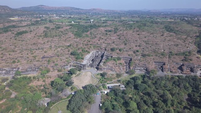 Aerial Drone View of Ellora Caves Kailasa Temple, Maharashtra, India