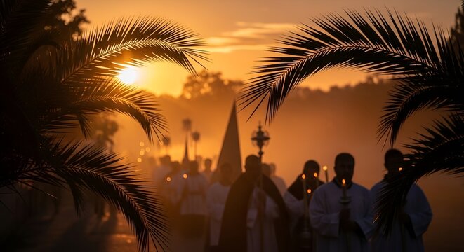Silhouette of Holy Week religious procession at sunset with palm trees and mist.