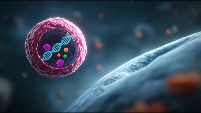 Pink exosome contains a double helix DNA structure floating in the blue cell membrane.