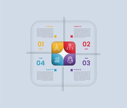 square base shape infographic with glossy gradient style with double layer with round edge and shadow line separator with four segment information