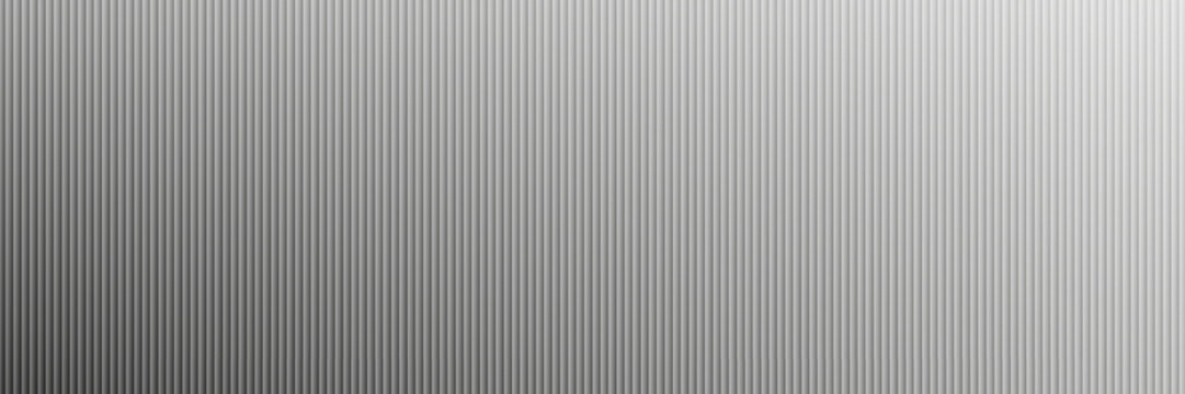 Acrylic satin corrugated glass texture light gray background. Blurred soft ribbed transparent striped door window overlay. Metal silver reeded polycarbonate sheet. Abstract vertical gradient pattern
