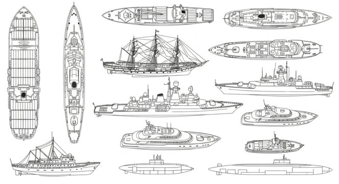 Collection of Various Ship Designs and Naval Vessels.