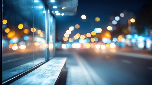 An empty urban bus stop at night with blurred city lights and a wooden bench, evoking a sense of waiting and urban atmosphere.
