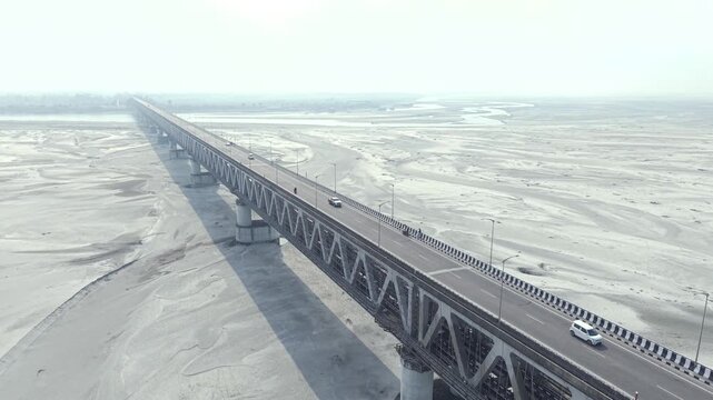 Aerial View of Brahmaputra River Bridge with Sandbars in Assam and Arunachal Pradesh India
