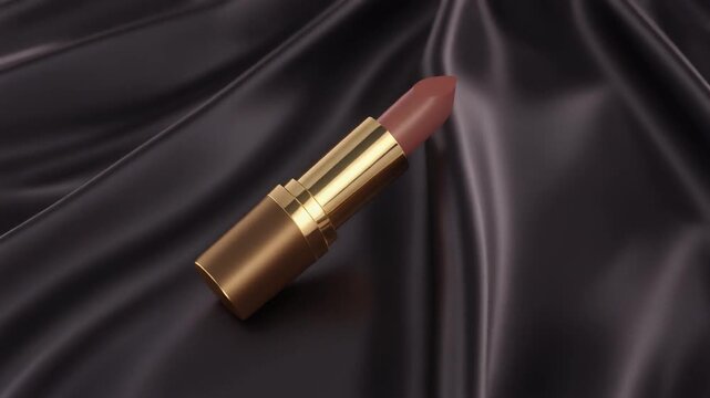 Elegant nude lipstick in a golden case, lying on luxurious black silk fabric.