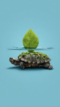 Turtle with green leaf in calm water. renewable energy sustainability green energy environment conservation recycle eco friendly clean energy