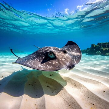 Graceful stingray gliding over sandy seabed in crystal-clear tropical waters.
