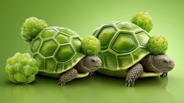 Two green turtles with broccoli-like shells. renewable energy sustainability green energy environment conservation recycle eco friendly clean energy