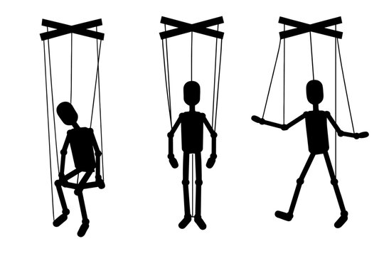 Marionette Puppet Silhouette Set String Puppet Black Vector Illustration