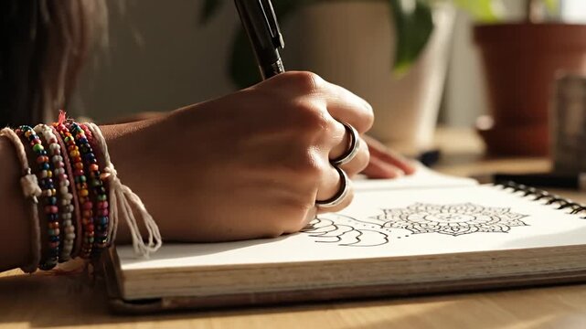 Person's hand drawing mandala design in sketchbook with pen