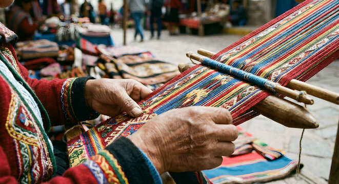 Close-up of artisan hands weaving traditional colorful ethnic textile on a manual loom in an outdoor market.