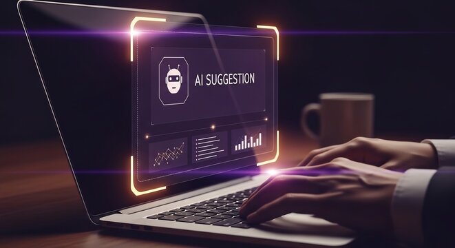 Businessman using laptop with glowing purple AI suggestion interface, artificial intelligence, machine learning, smart recommendation concept
