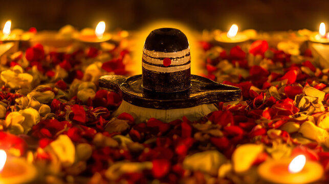 A shiva linga surrounded by flowers and candles in a serene Hindu ritual setting