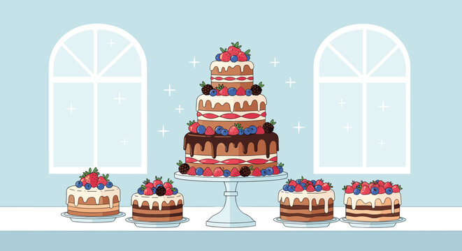 grand multi-tiered wedding or celebration cake decorated with fresh berries and chocolate drips on a white table with windows.